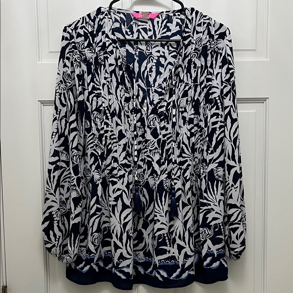 Lilly Pulitzer Navy and White Pintucking Tropical Flamingo Print Blouse - Sz S